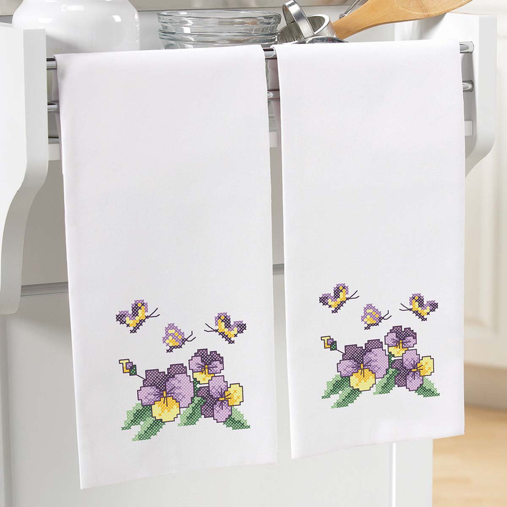 Herrschners Botanical Pansies Towel Pair Stamped Cross-Stitch