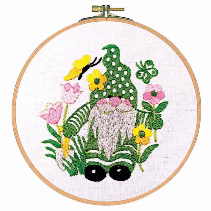 Craftways Green Gnome with Butterfly & Flower Hoop Stamped Embroidery Kit