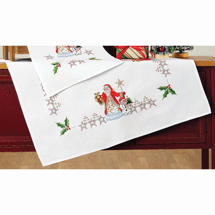 Village Linens Santa & Snowman Table Topper Stamped Embroidery Kit