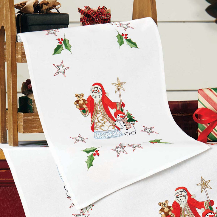 Village Linens Santa & Snowman Table Runner Stamped Embroidery Kit