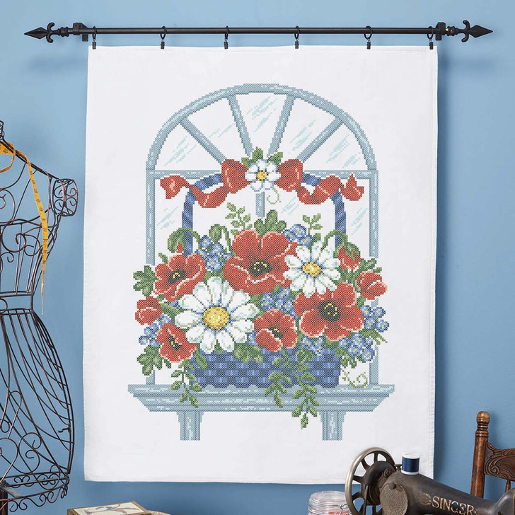 Herrschners Summer Flower Basket Quilt Top Stamped Cross-Stitch Kit