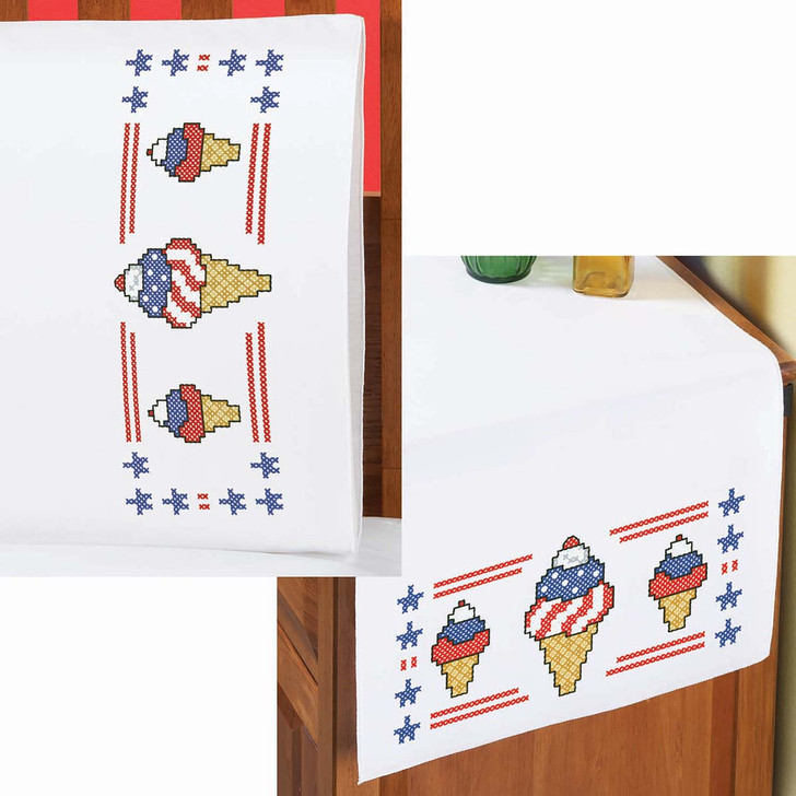 Patriotic Ice Cream Pillowcase Pair or Dresser Scarf Thread Kit