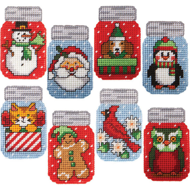 Herrschners Christmas Friends Mason Jar Ornaments Plastic Canvas Kit