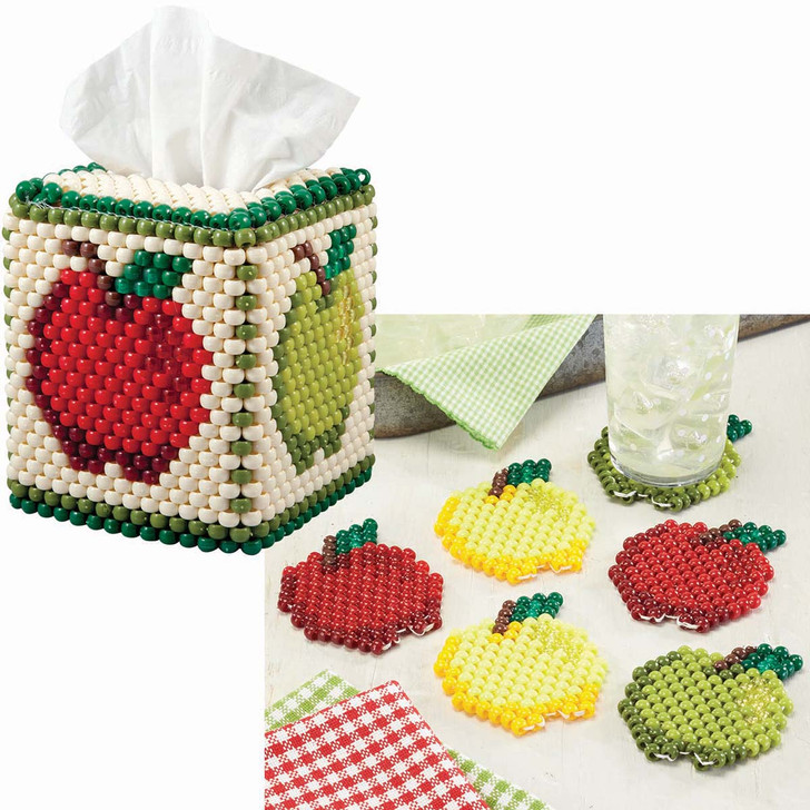 Herrschners Colorful Apples Tissue Box & Coasters, Set of 2 Pony Bead Kit