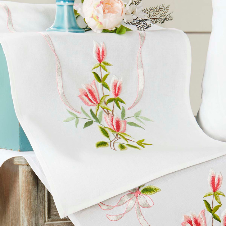 Craftways Pink Blossoms Table Runner Stamped Embroidery Kit