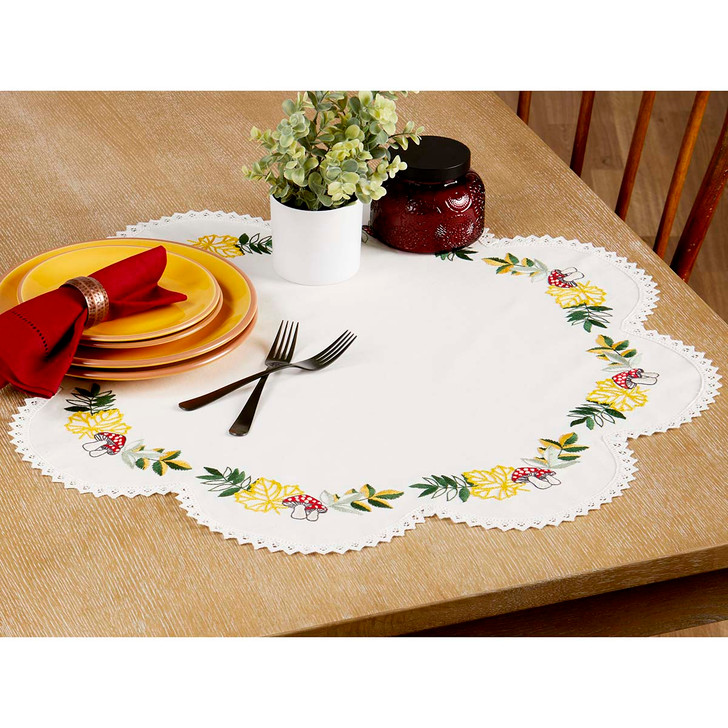 Herrschners Mushrooms & Leaves Table Topper Stamped Embroidery Kit