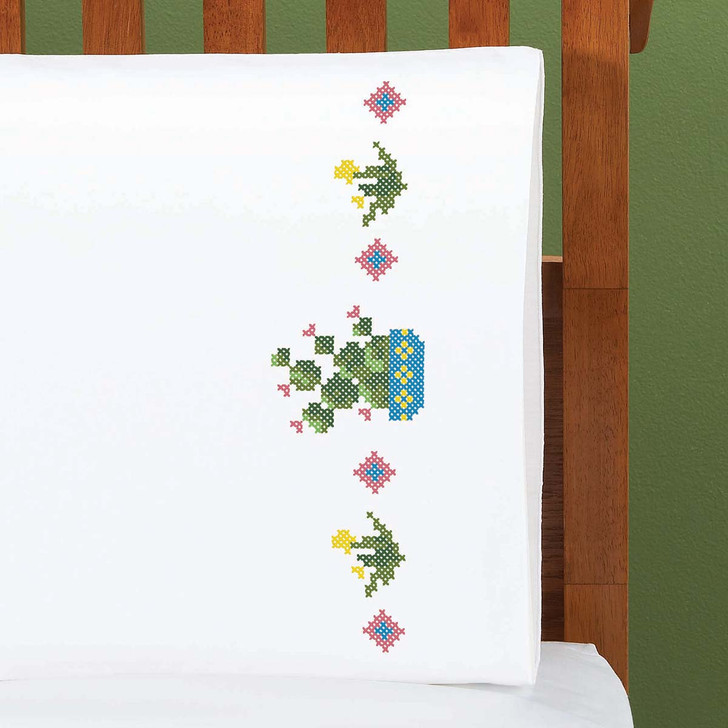 Herrschners Sunny Succulents Pillowcase Pair Stamped Cross-Stitch