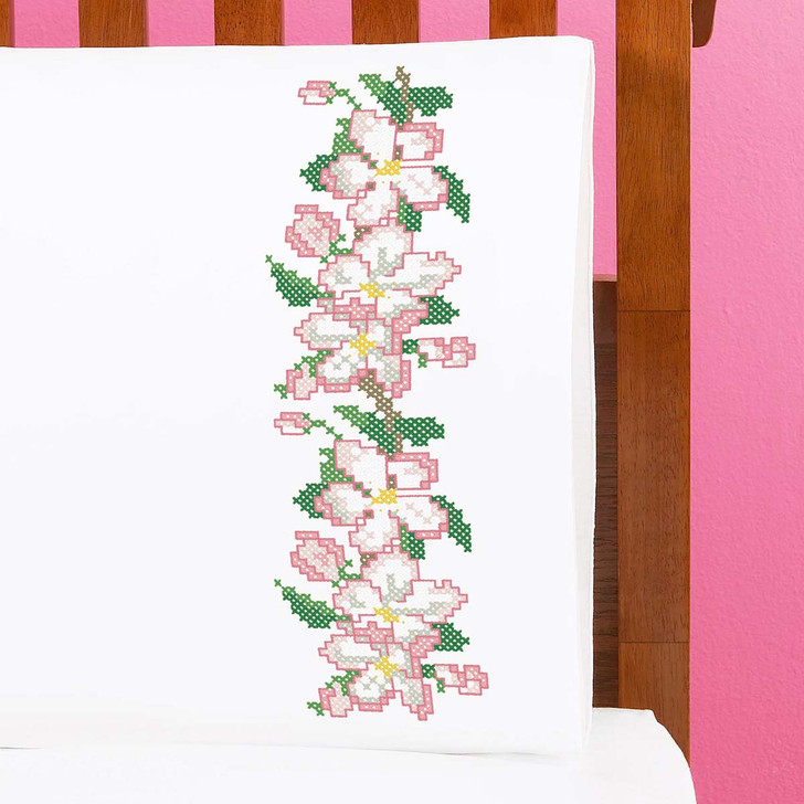 Herrschners Cherry Blossom Pillowcase Pair Stamped Cross-Stitch