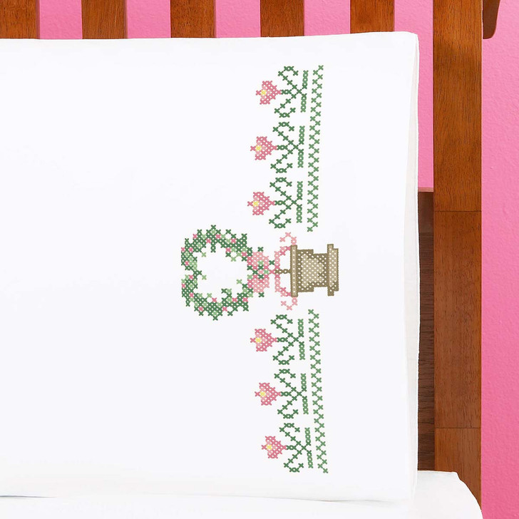 Herrschners Lovely Topiary Pillowcase Pair Stamped Cross-Stitch