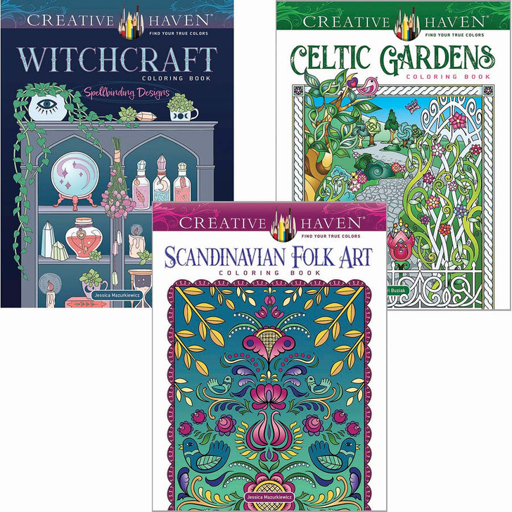 Dover Celtic Gardens, Witchcraft & Scandinavian Folk Art, Set of 3 Coloring Book