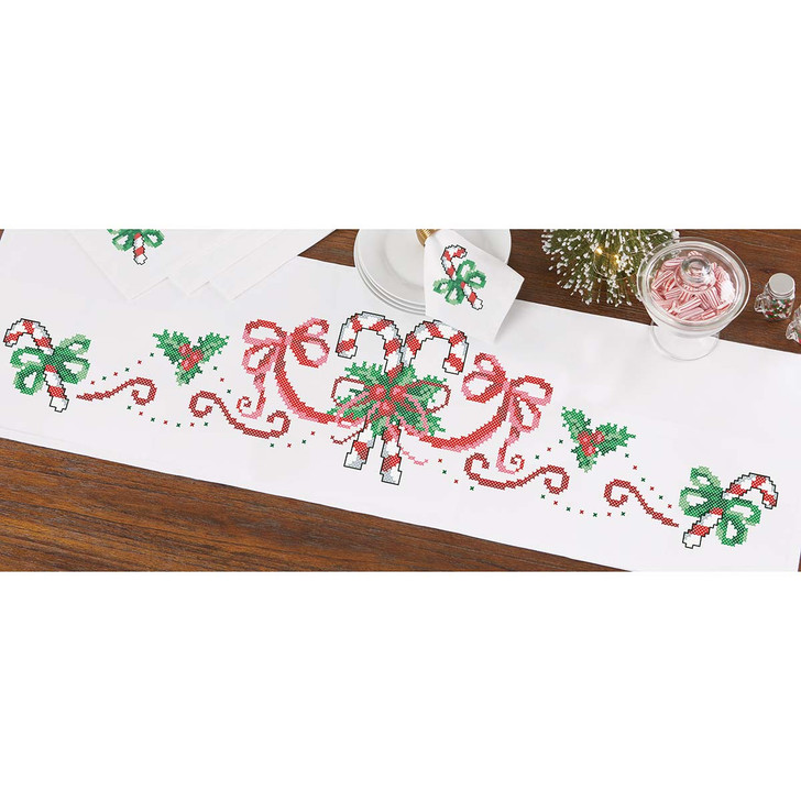 Craftways Elegant Candy Cane Table Runner Stamped Cross-Stitch