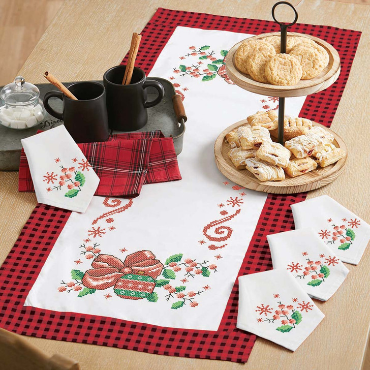 Herrschners Baubles & Bows Table Runner & Napkins Stamped Cross-Stitch