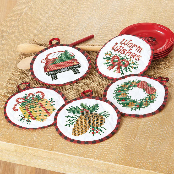 Herrschners Christmas Greenery Pot Holders Stamped Cross-Stitch
