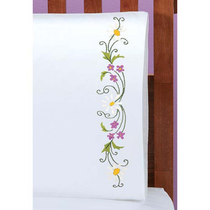Herrschners Daisies & Violets Pillowcase Pair Stamped Embroidery