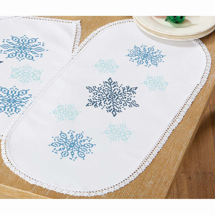 Herrschners Snow Crystals Table Runner Stamped Cross-Stitch