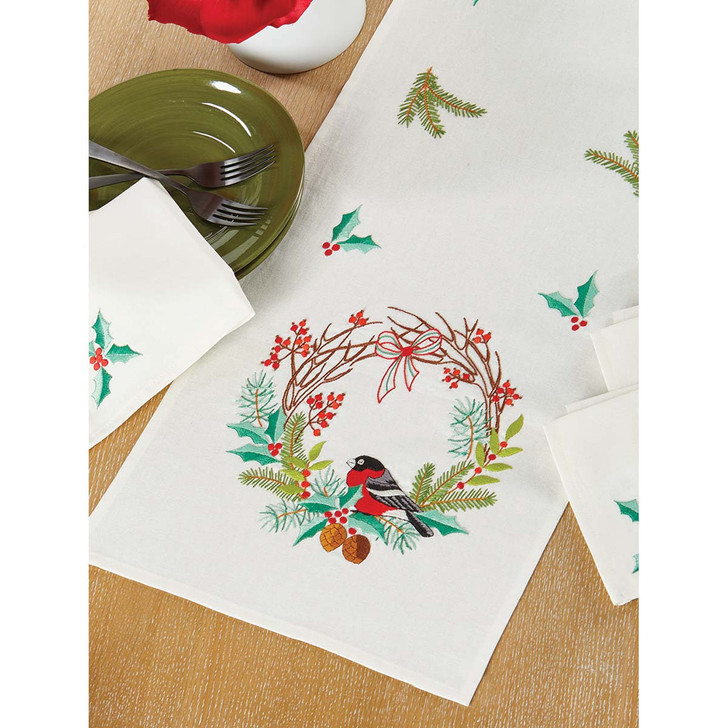 Craftways Christmas Finch Table Runner Stamped Embroidery Kit