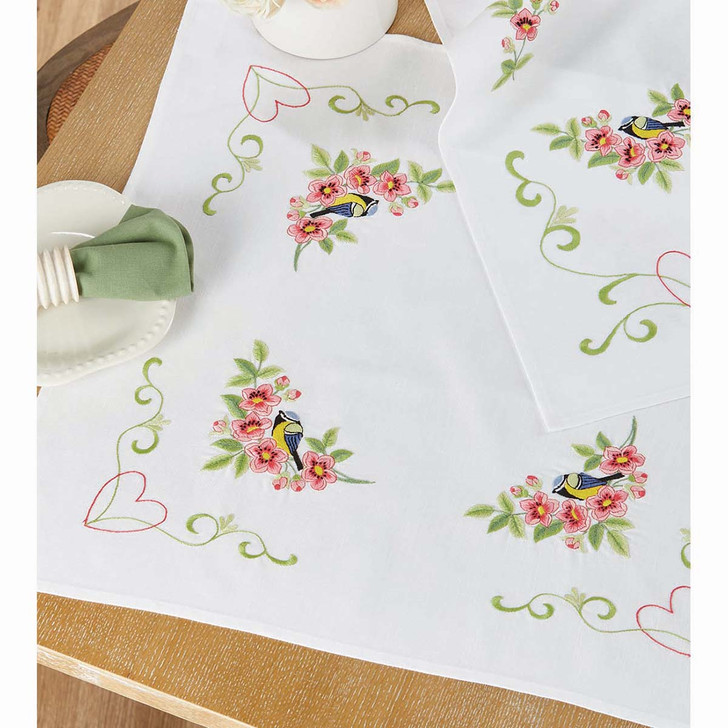 Craftways Apple Blossom with Finch Table Topper Stamped Embroidery Kit