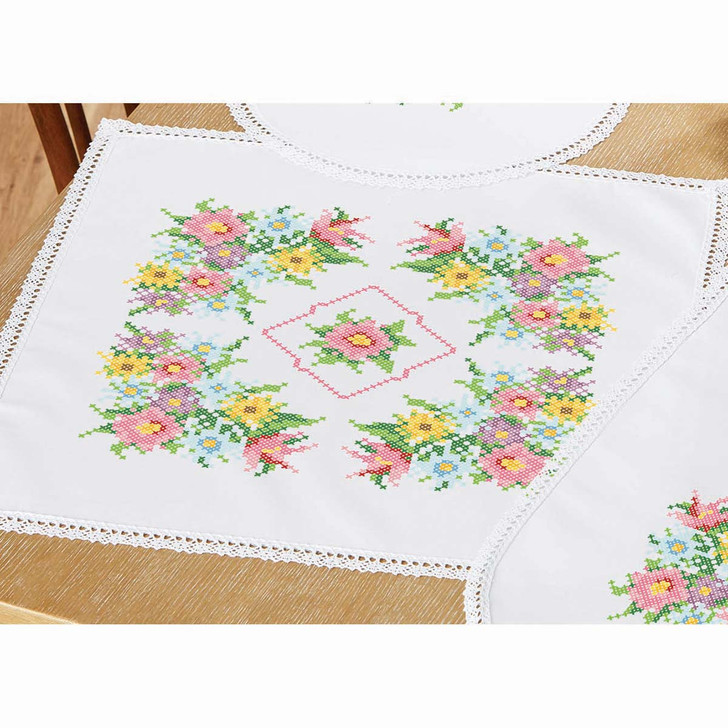 Herrschners Charming Garden Table Topper Stamped Cross-Stitch