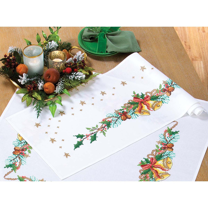 Herrschners Christmas Bouquet with Bells Table Runner Stamped Cross-Stitch Kit