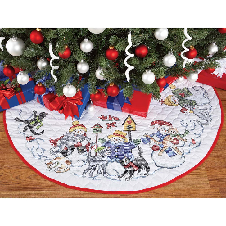 Herrschners Snowmen & Furry Friends Tree Skirt Stamped Cross-Stitch Kit