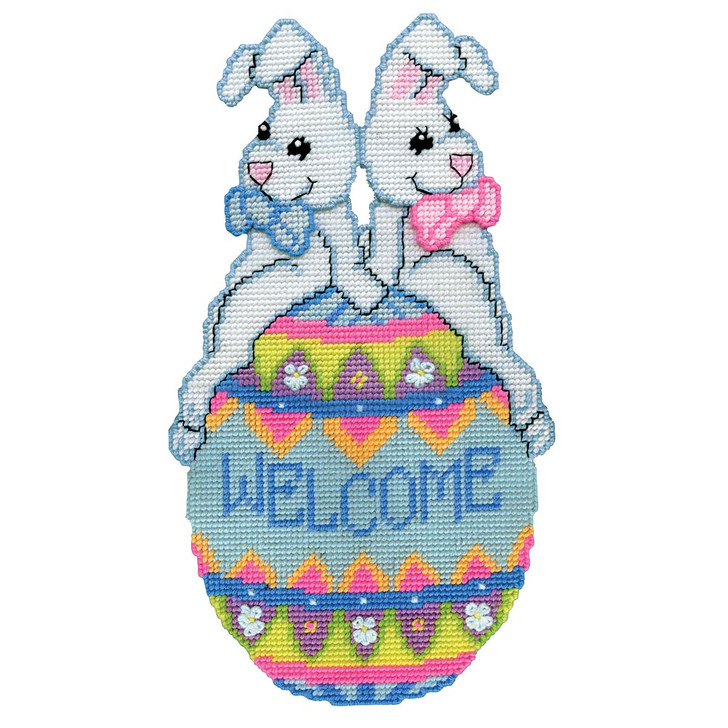 Design Works Welcome Egg with Bunnies Wall Hanging Plastic Canvas Kit
