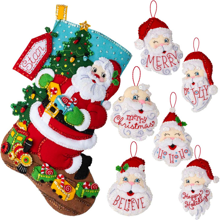 Bucilla Holiday Greetings & Toy Train Santa, Set of 2 Felt & Sequin Kit