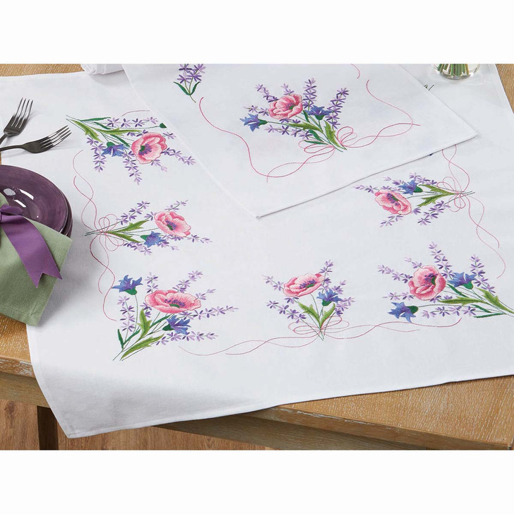 Village Linens Lavender Poppy Bouquet Table Topper Stamped Embroidery