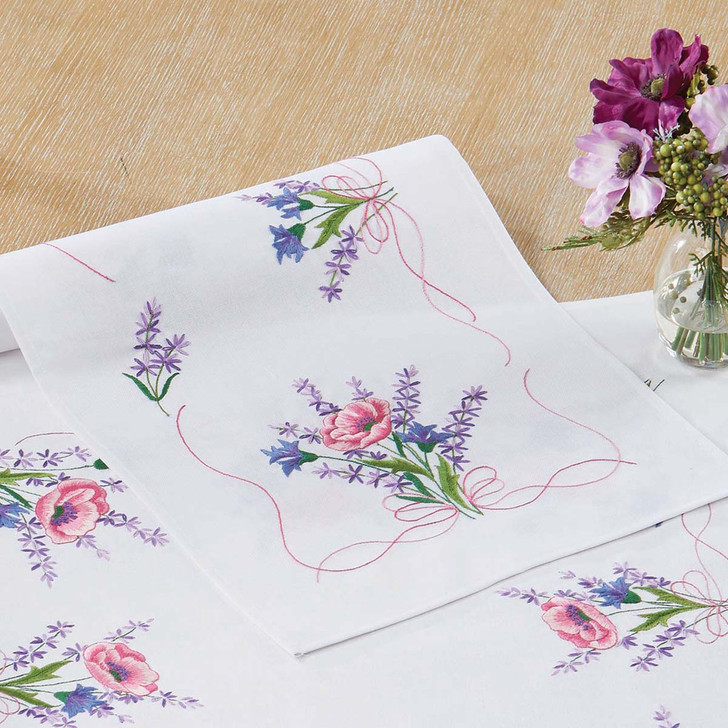Village Linens Lavender Poppy Bouquet Runner Stamped Embroidery