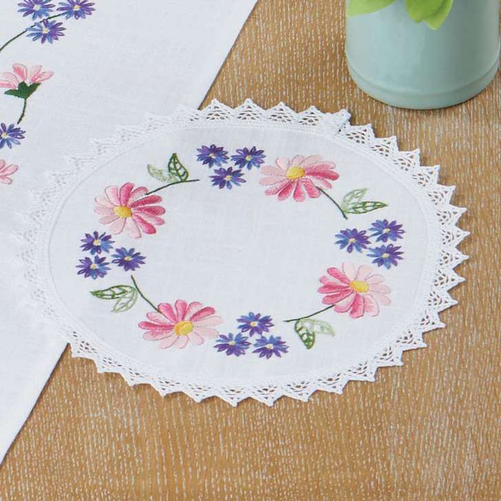 Village Linens Gerberas Doily Stamped Embroidery