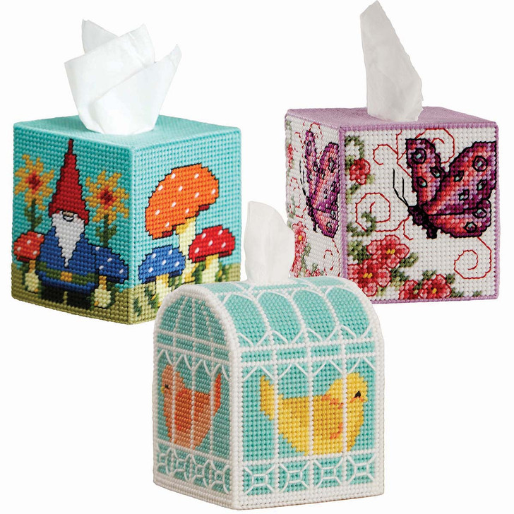 Herrschners Butterfly, Birdcage & Gnomes Tissue Box, Set of 3 Plastic Canvas Kit