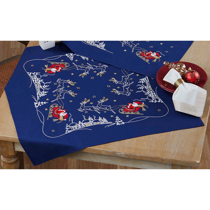 Village Linens Santa on the Way Table Topper Stamped Embroidery Kit