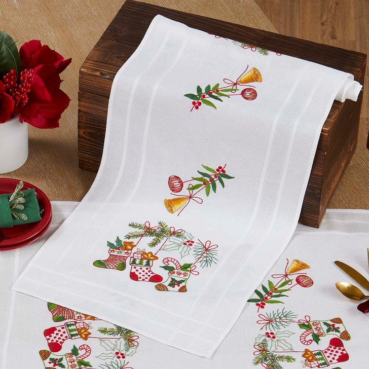 Craftways Christmas Stocking Bouquet Table Runner Stamped Embroidery Kit