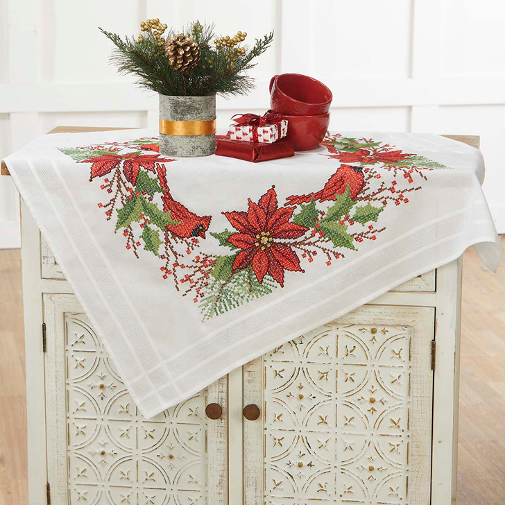 Craftways Poinsettia & Cardinal Topper Stamped Cross-Stitch Kit