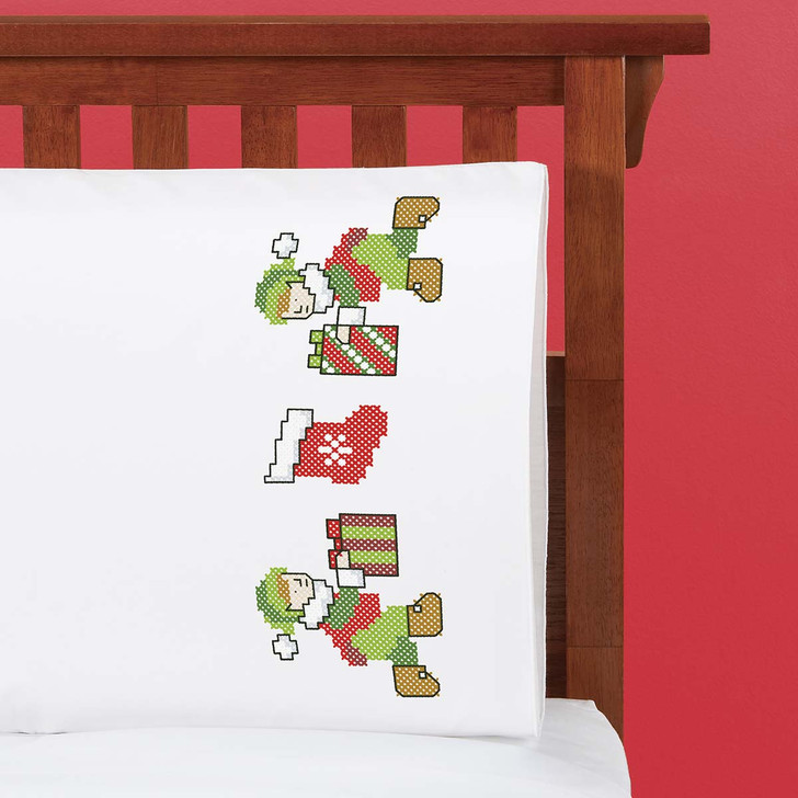 Herrschners Christmas Elves Pillowcase Pair Stamped Cross-Stitch