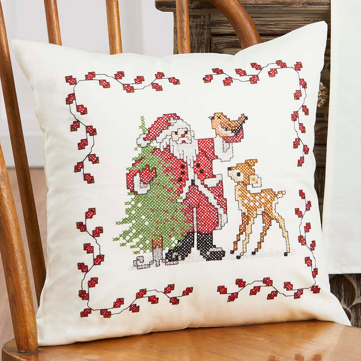 Village Linens Santa & Little Deer Pillow Stamped Cross-Stitch Kit