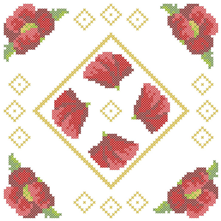 Herrschners Red Poppies Quilt Blocks Stamped Cross-Stitch