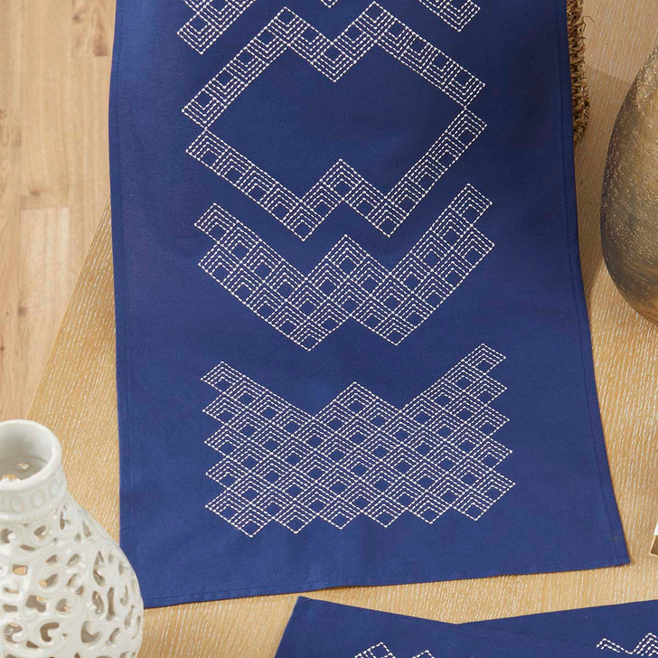 Village Linens Sashiko I Table Runner Stamped Embroidery Kit