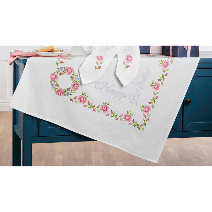 Village Linens Happy Birthday Table Topper Stamped Cross-Stitch Kit