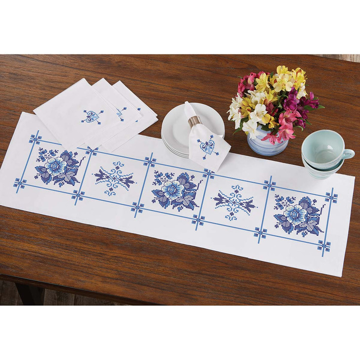 Herrschners Porcelain Garden Table Runner & Napkins Set Stamped Cross-Stitch