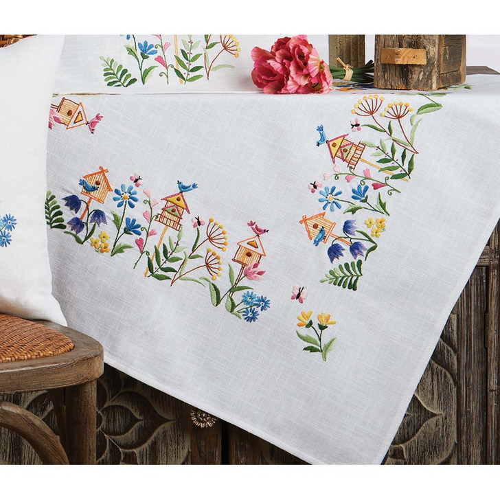 Nob Hill Birdhouses in Flowers Table Topper Stamped Embroidery Kit
