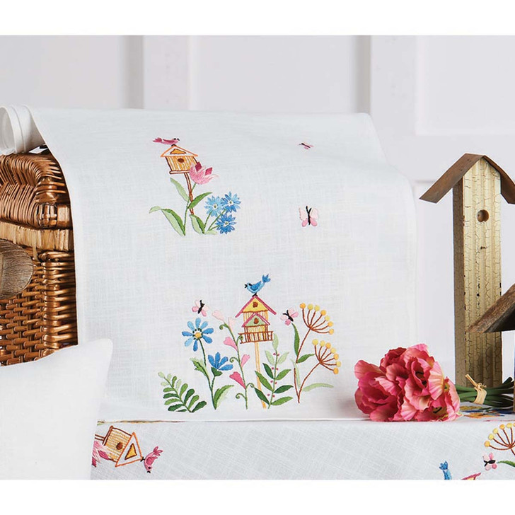 Nob Hill Birdhouses in Flowers Table Runner Stamped Embroidery Kit