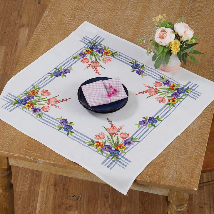 Village Linens Spring Table Topper Stamped Cross-Stitch Kit