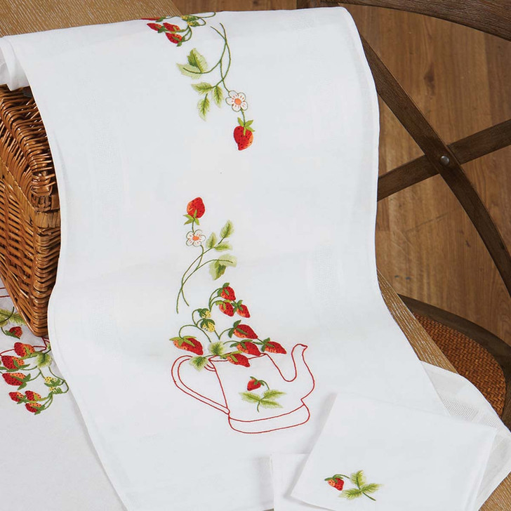 Craftways Strawberries in the Pot Table Runner Stamped Embroidery Kit