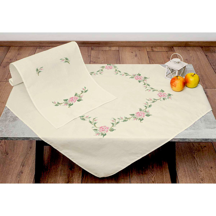 Village Linens Roses Table Topper & Runner Stamped Cross-Stitch