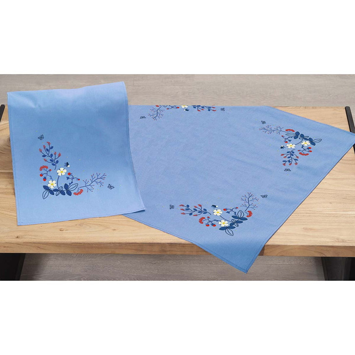 Village Linens Blue Leaves & Butterflies Table Topper & Runner Stamped Cross-Stitch
