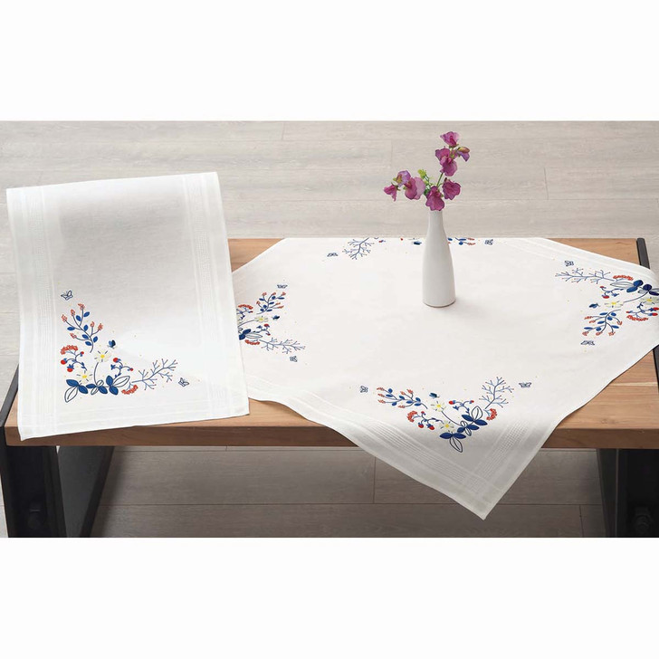 Duftin Blue Leaves & Butterflies Table Topper & Runner Stamped Embroidery Kit