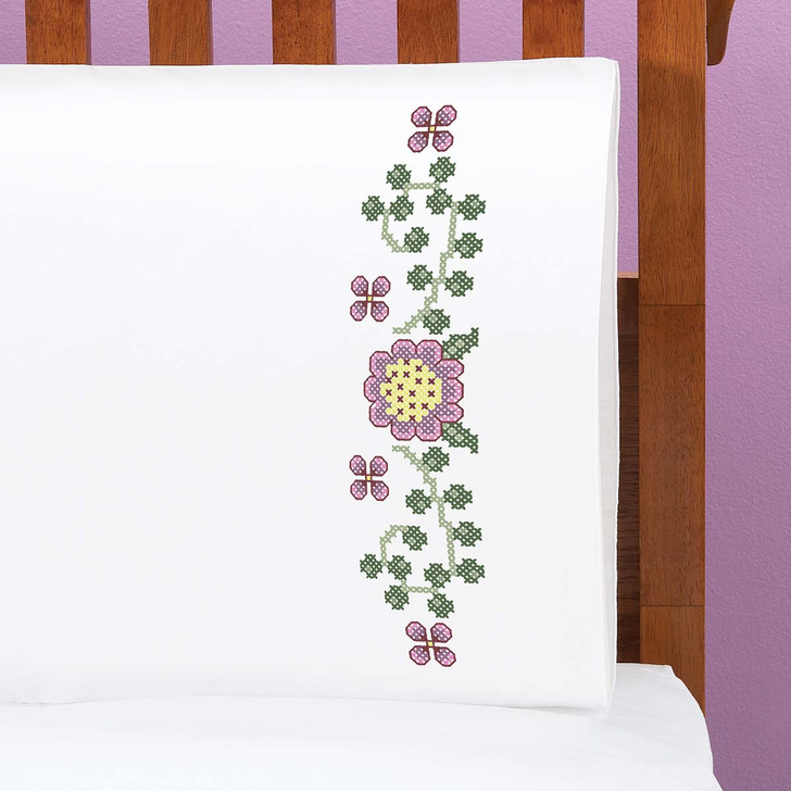 Herrschners Abstract Blooms Pillowcase Pair Stamped Cross-Stitch