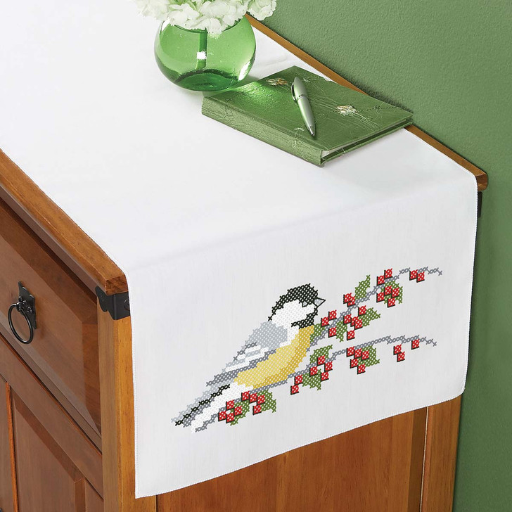 Herrschners Cheery Chickadee Dresser Scarf Stamped Cross-Stitch