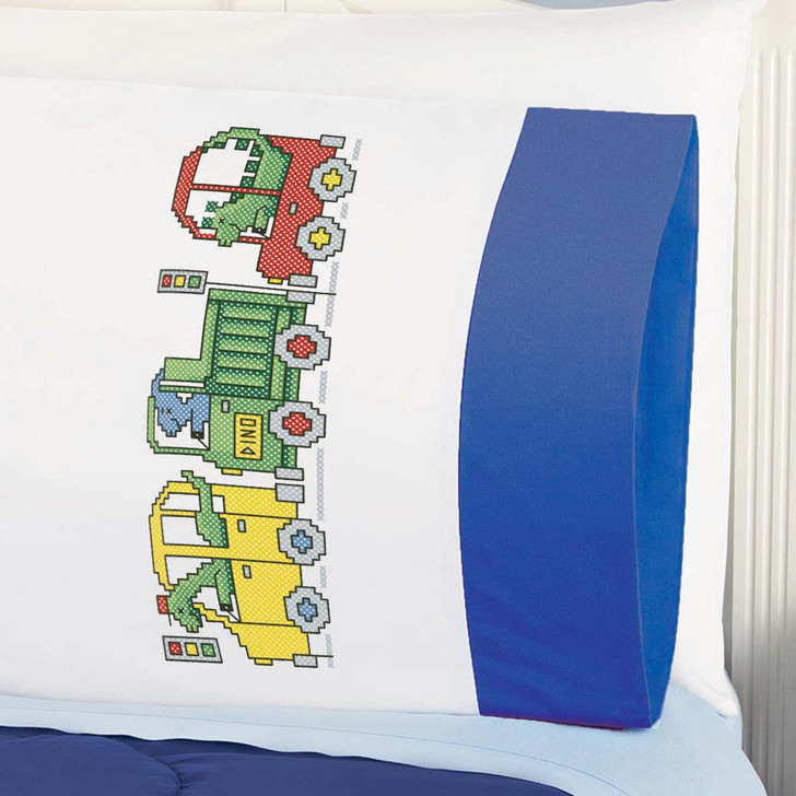 Herrschners Cars & Dinos Kid's Pillowcase Stamped Cross-Stitch Kit