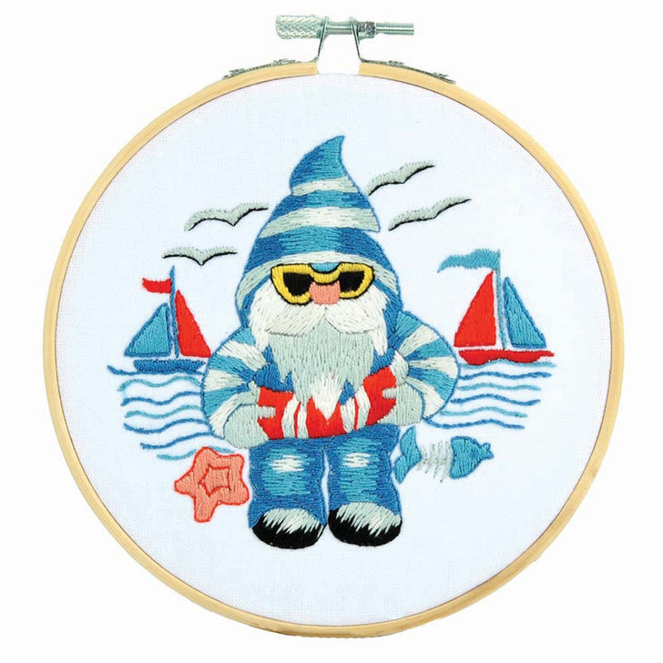 Village Linens Blue Maritime Gnomes Hoop I Stamped Embroidery Kit